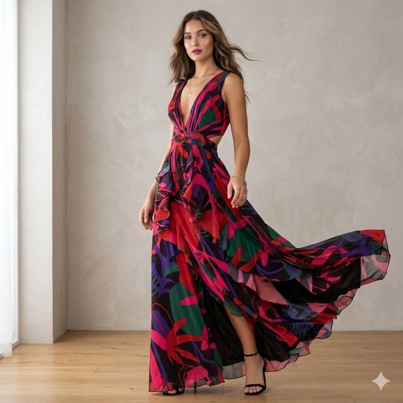 PatBO Dresses & Skirts - PatBO Rio Cut Out Ruffle Maxi Dress Multicolor 4 NWT